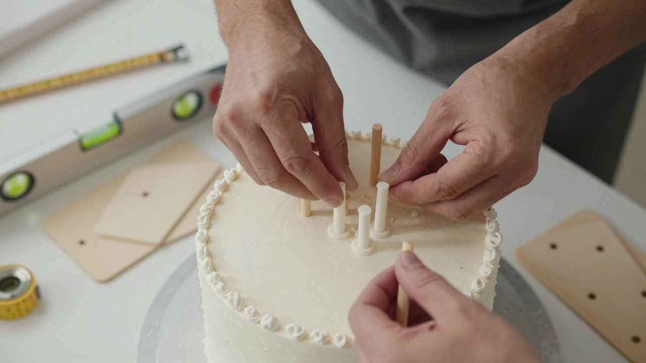 Baker inserting dowels into cake layer for structural support