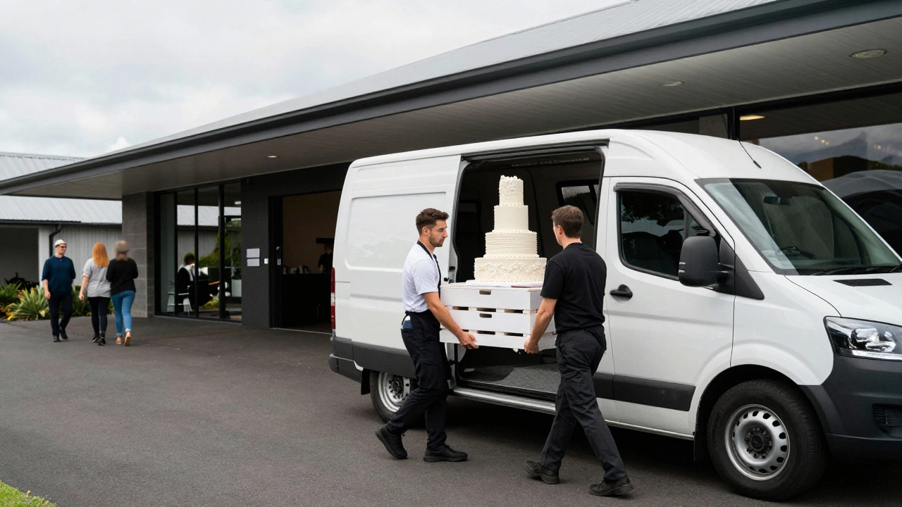 Bakers delivering a crate with wedding cake to a venue