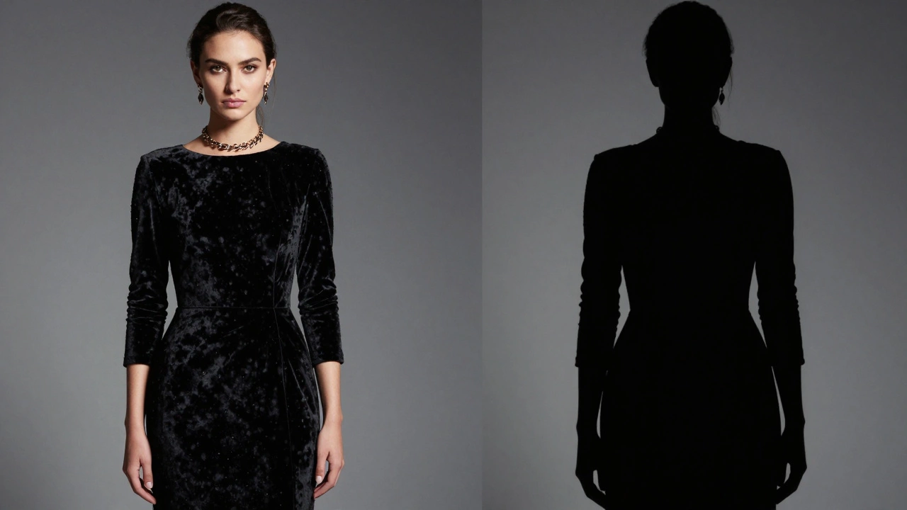 Black velvet dress catching light vs flat black silhouette