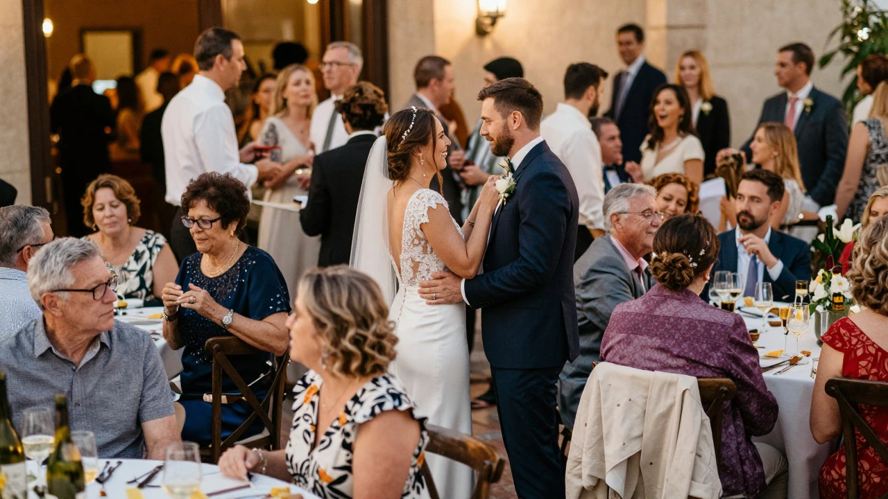 Bride and groom mingling with guests at a lively 100-person wedding reception