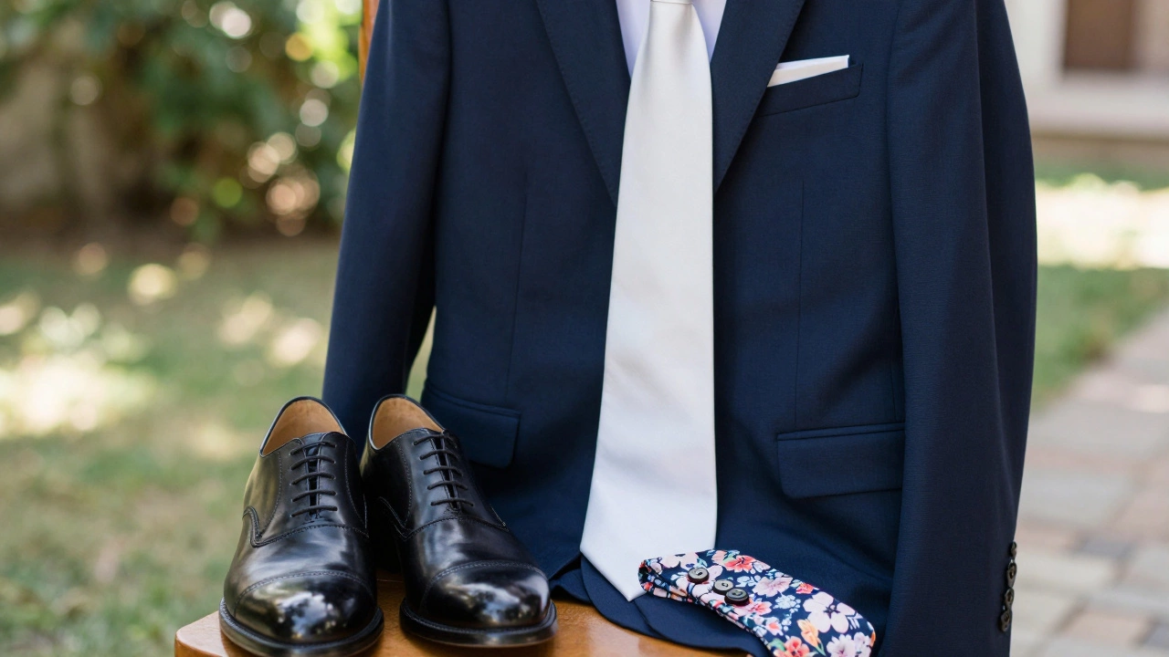 Close up of classic wedding shoes, navy suit, and simple accessories on chair