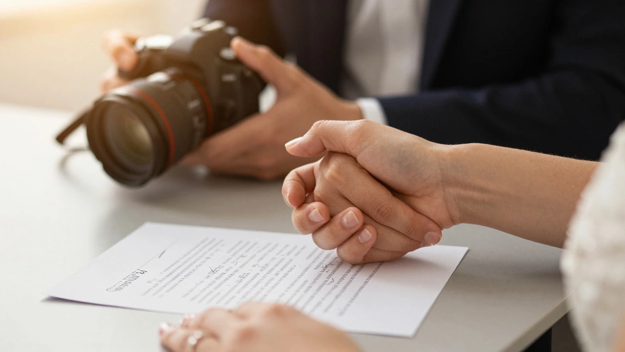 Close up of hands shaking over signed wedding photography contract