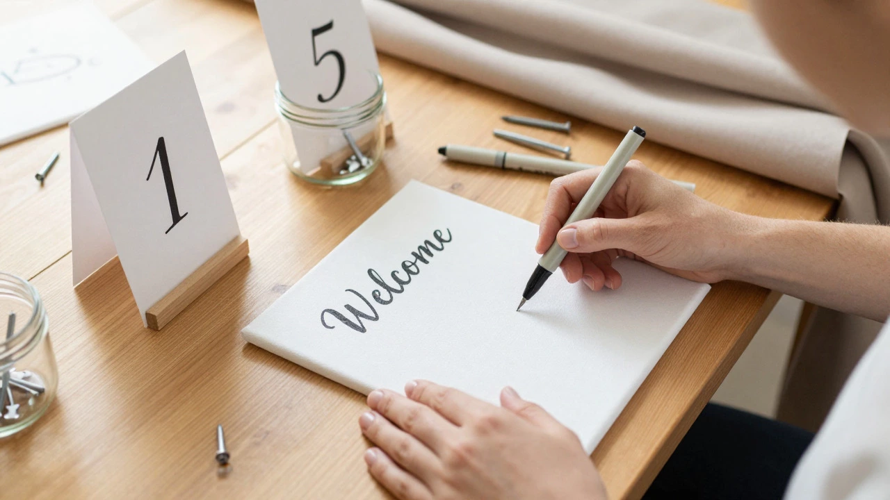 Couple painting welcome signs and arranging simple jar centerpieces on a table
