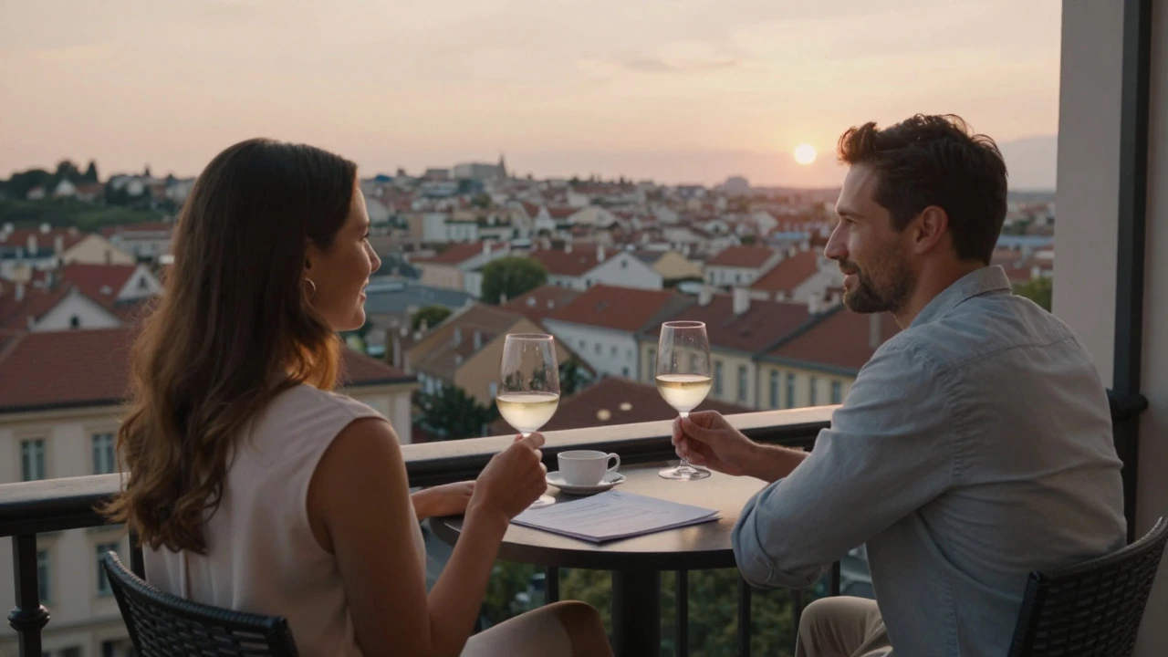 Couple relaxing on a balcony with wine overlooking a European city at sunset