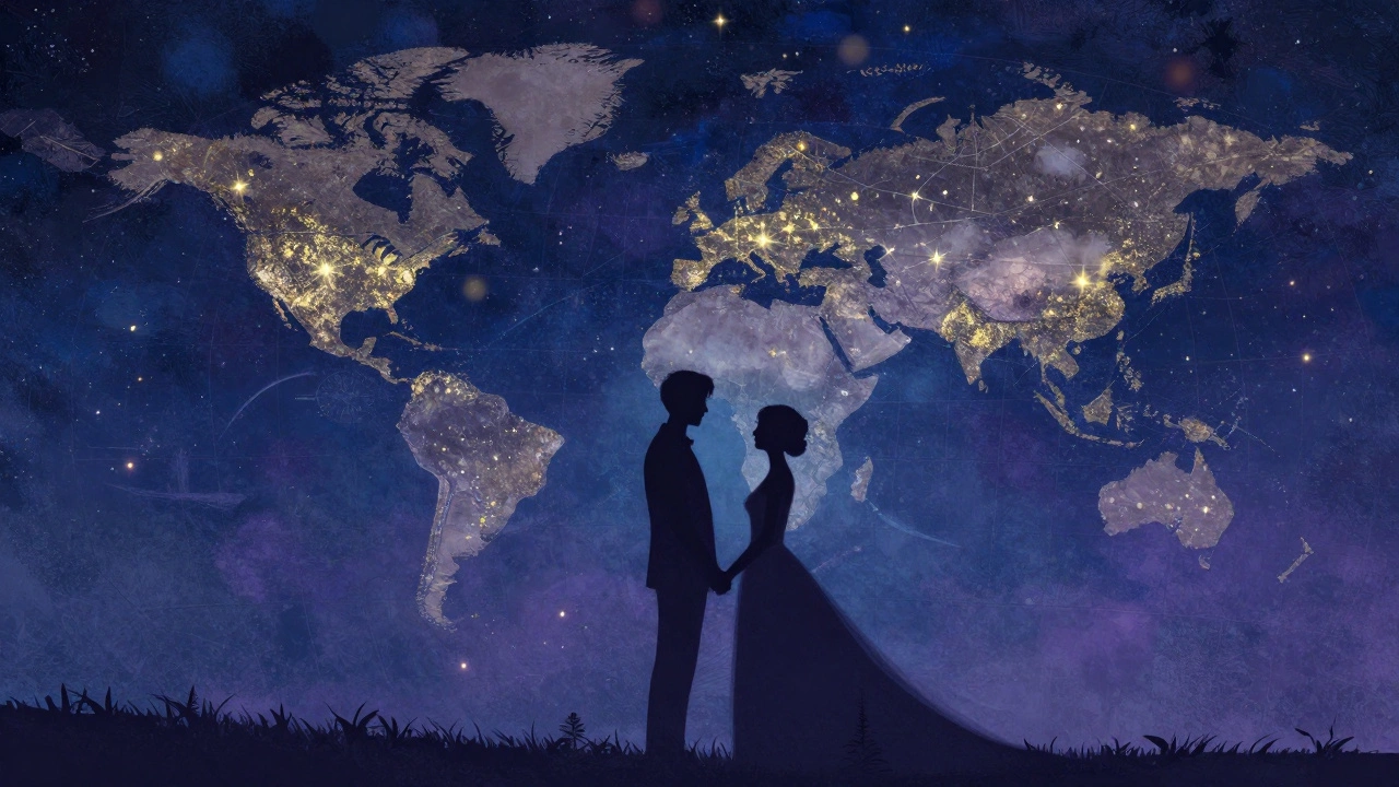 Couple silhouette against celestial star chart map