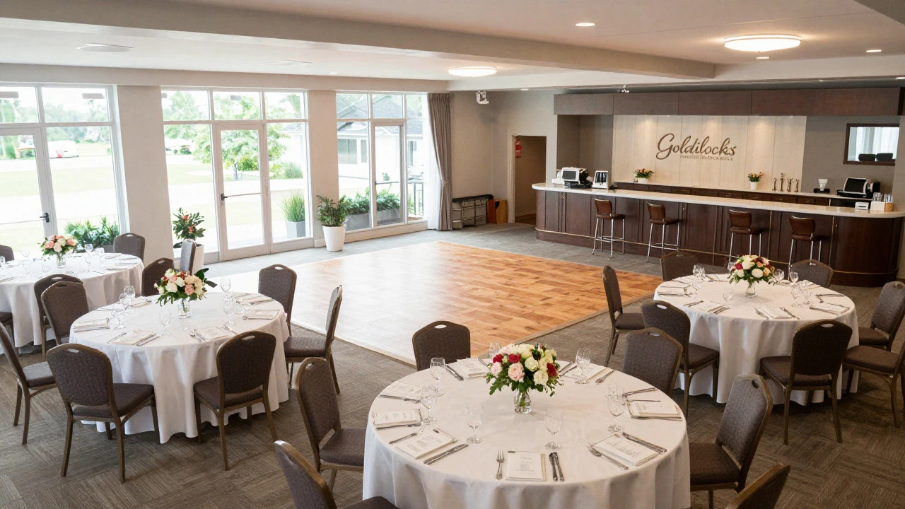 Elegant venue setup with ten round tables arranged for 100 wedding guests