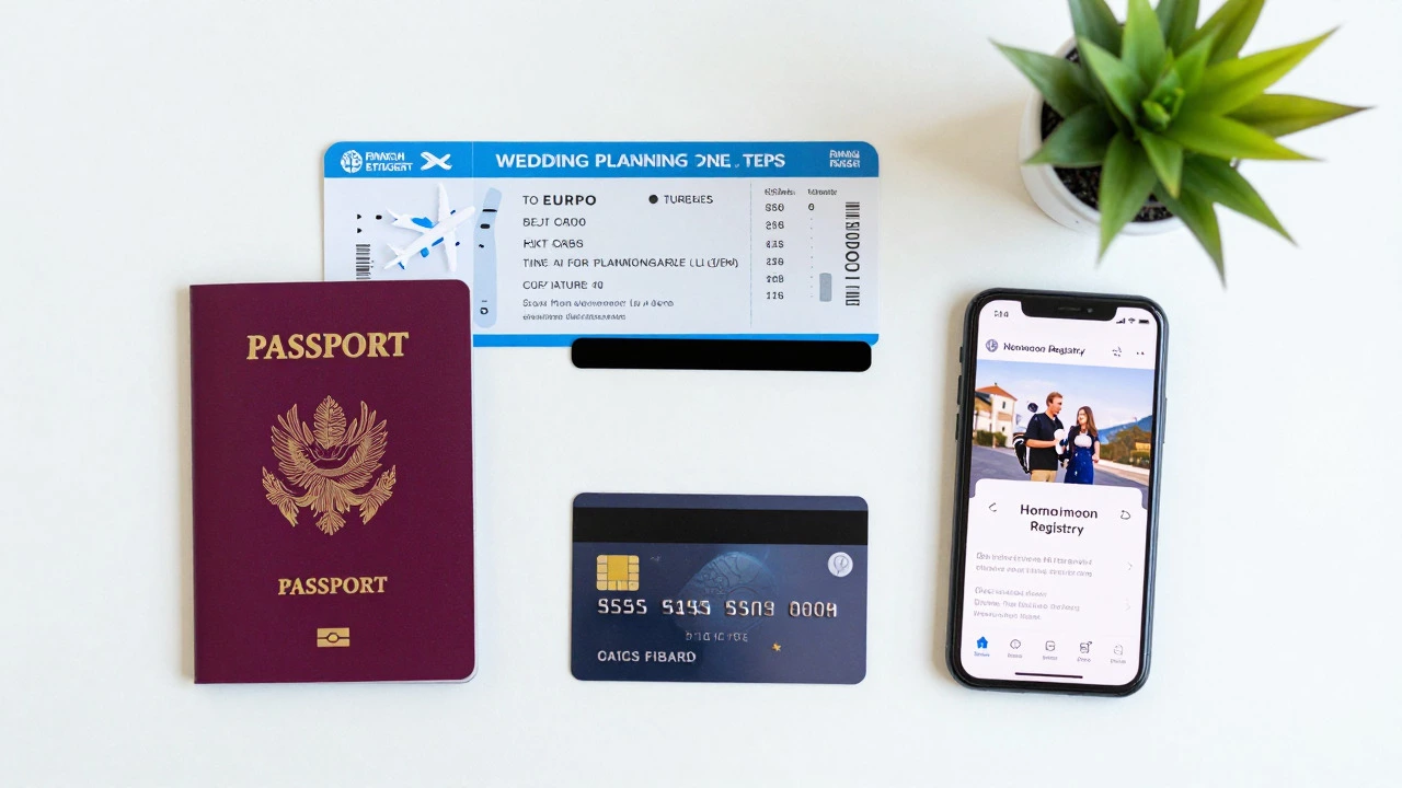 Flat lay of wedding planning items including passport and honeymoon registry app
