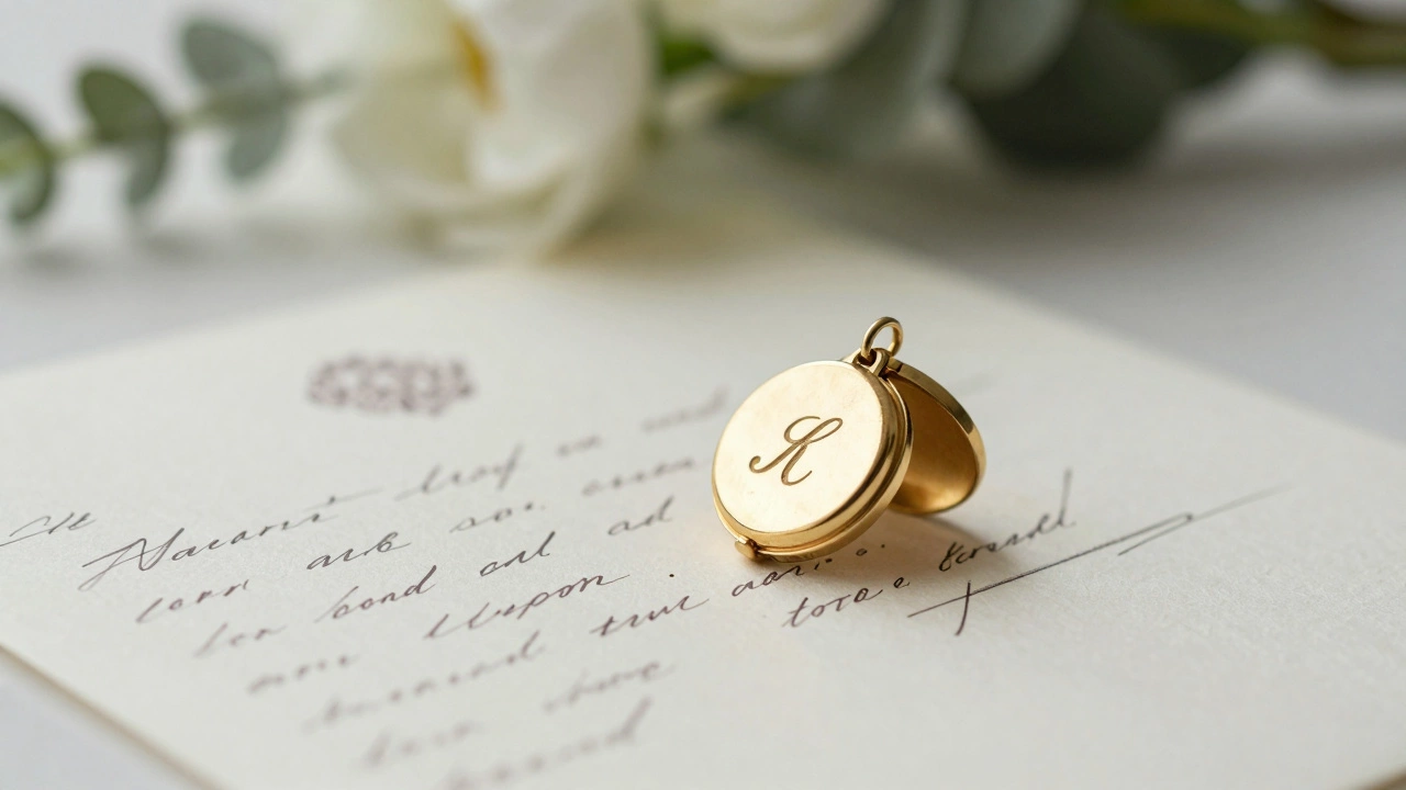 Gold locket and handwritten letter on floral background
