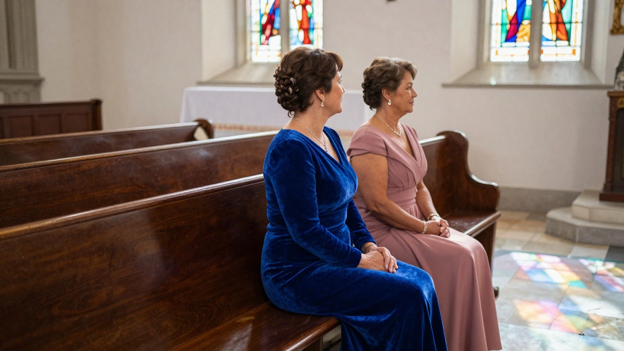 Groom's mother in sapphire gown sitting next to mother of the bride in dusty rose dress.