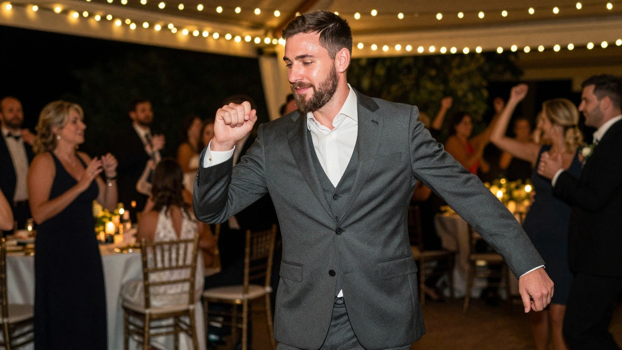 Happy groom dancing comfortably in tailored suit at evening wedding reception