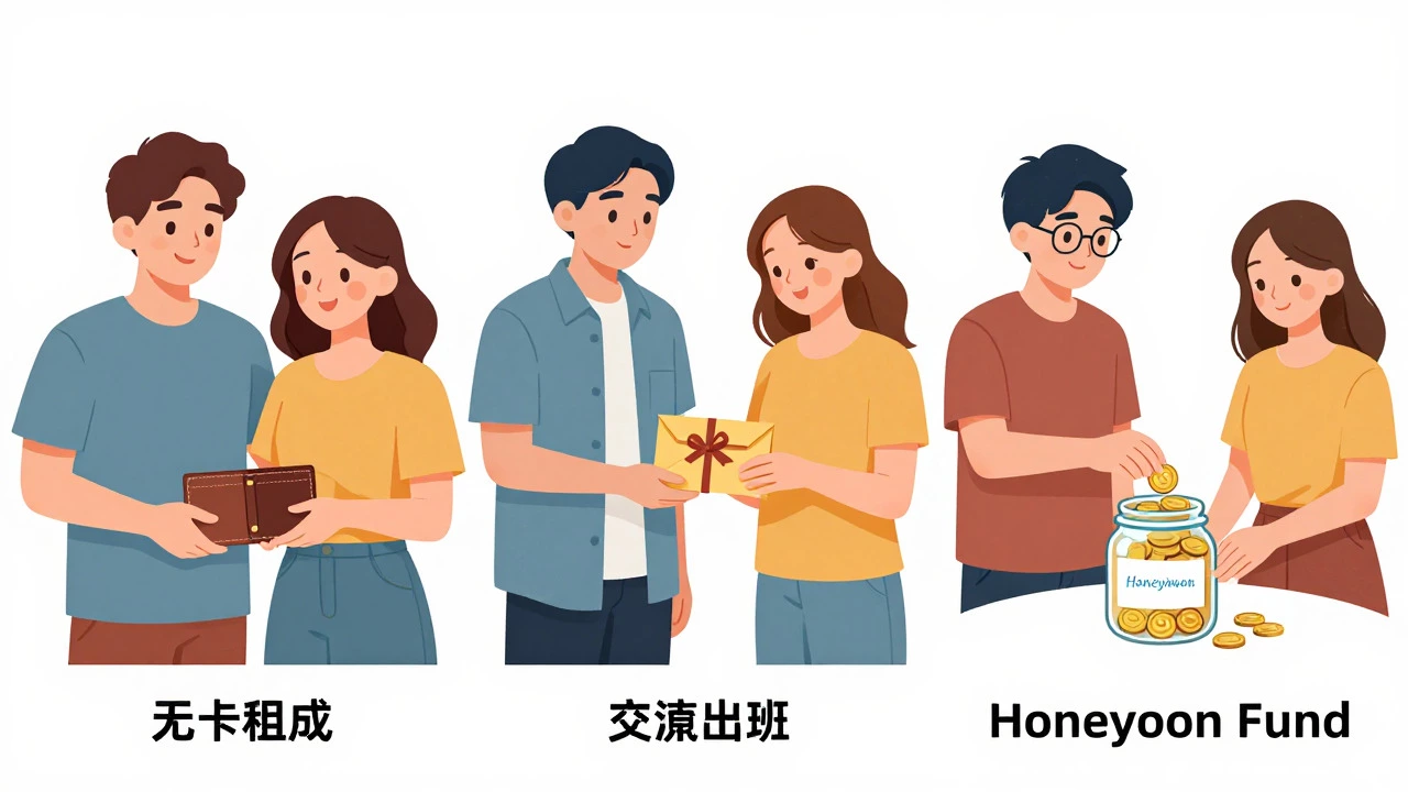 Illustration of three honeymoon funding scenarios: self-funded, parental gift, and registry contributions