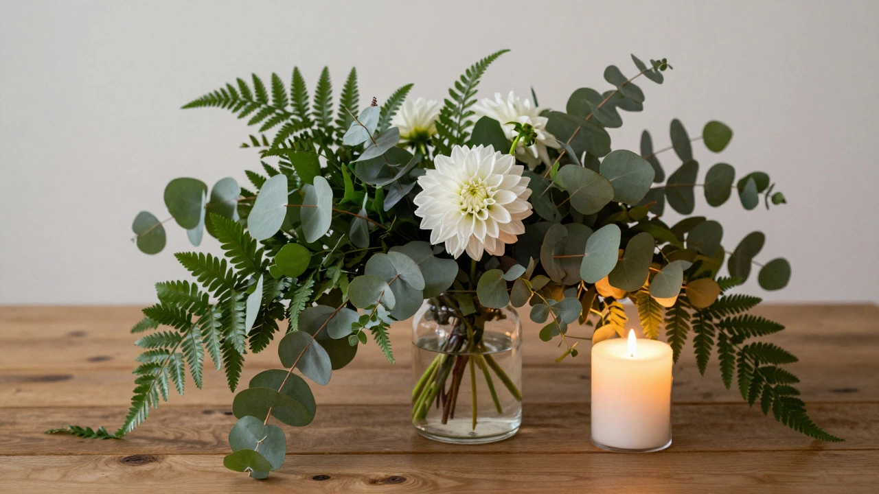 Minimalist table centerpiece with single flower and lush greenery
