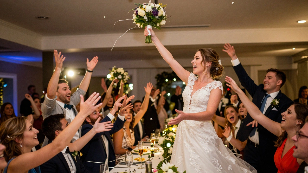 Modern bride tossing bouquet to jumping guests