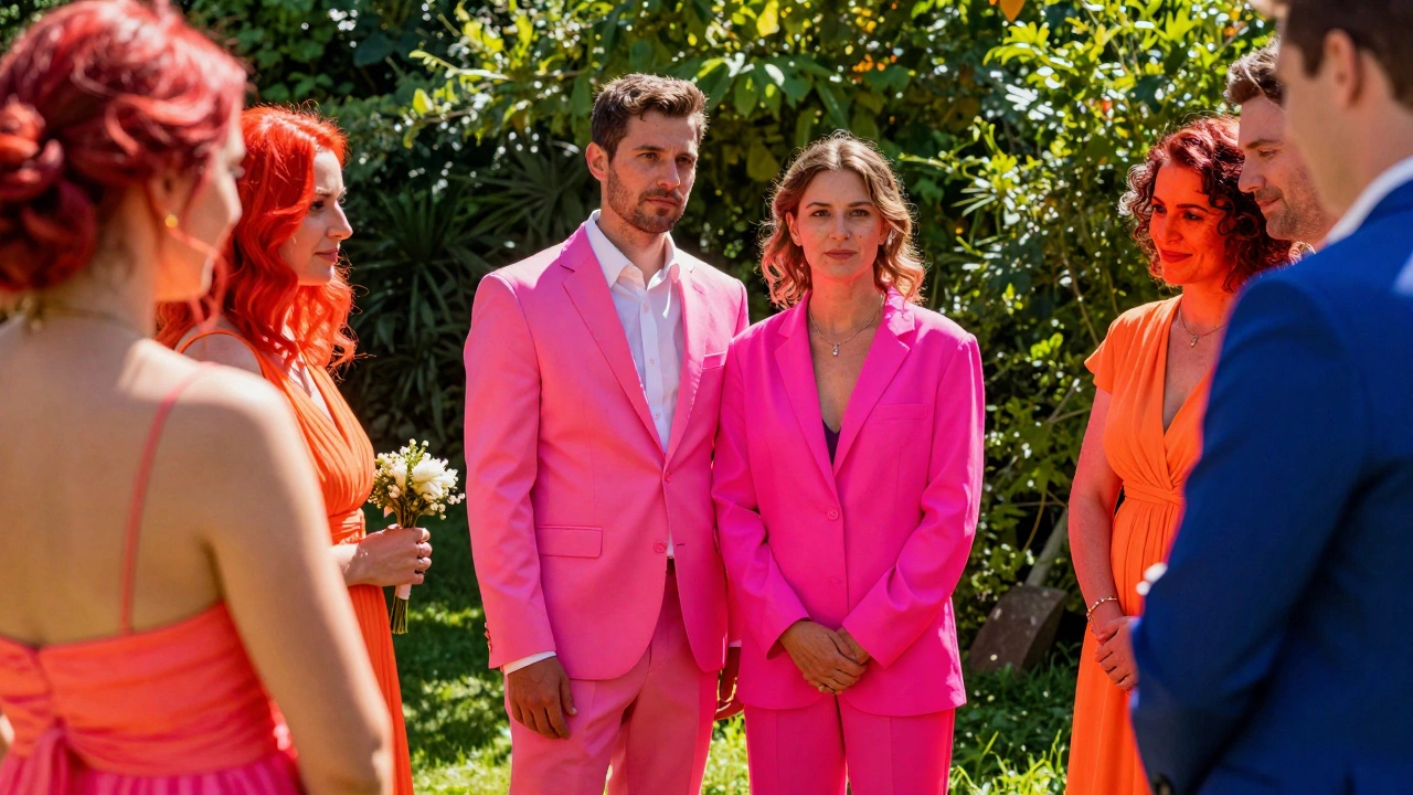 Neon pink outfit casting color glare on wedding guests