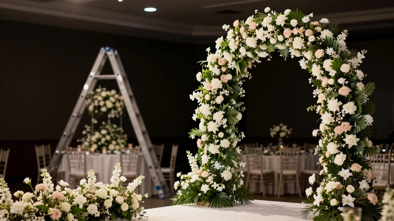 Professional floral arch and centerpiece contrasted with risky DIY setup in background