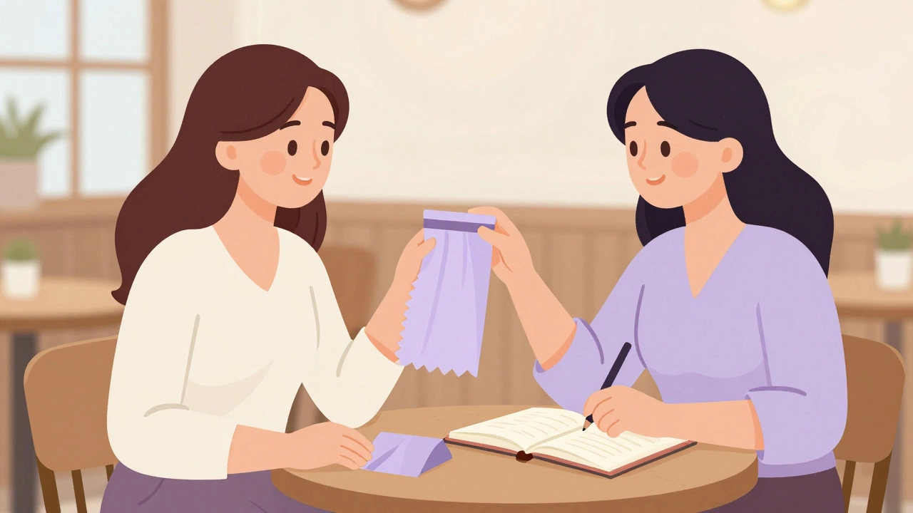 Two mothers coordinating wedding dress colors over coffee, sharing fabric swatches.