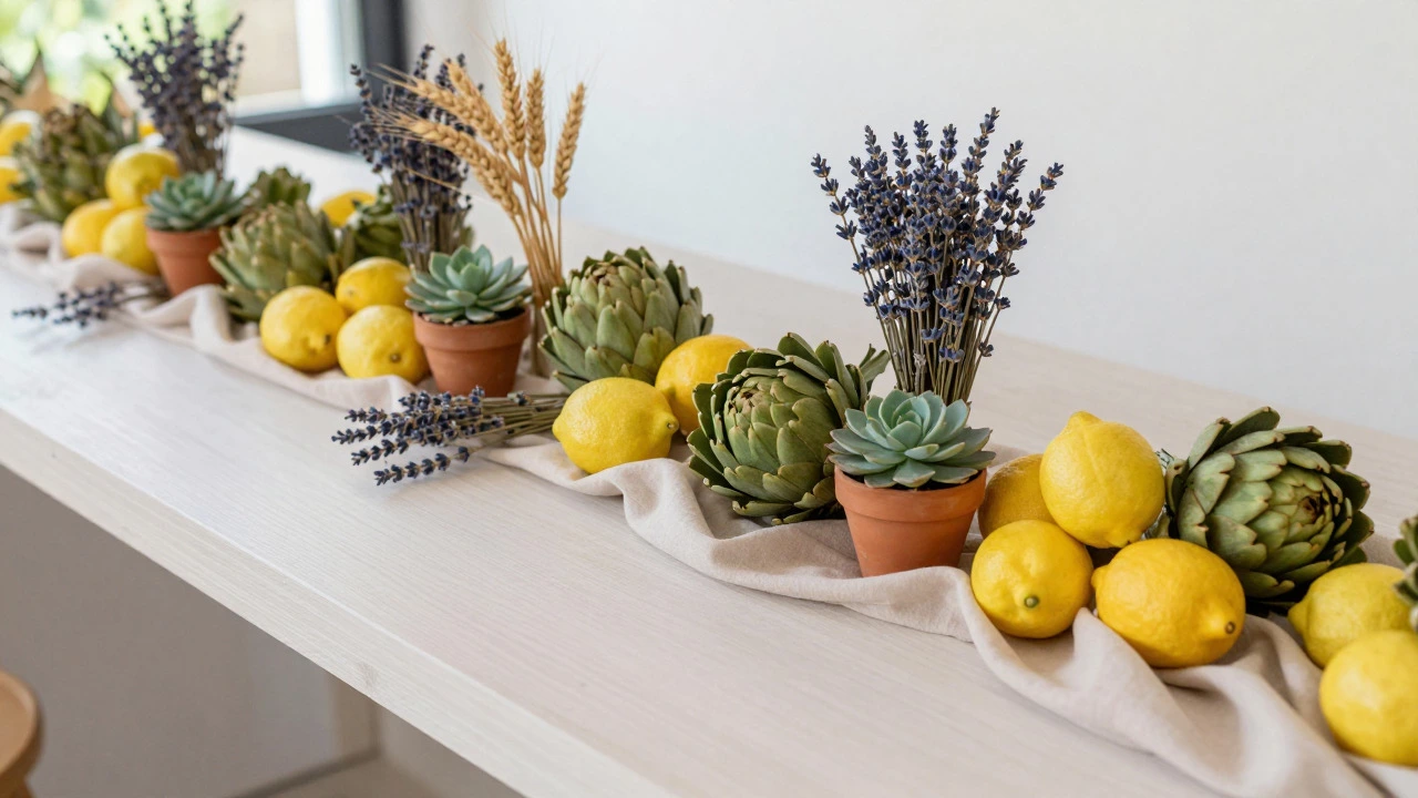 Wedding table decor using lemons, succulents, and dried flowers