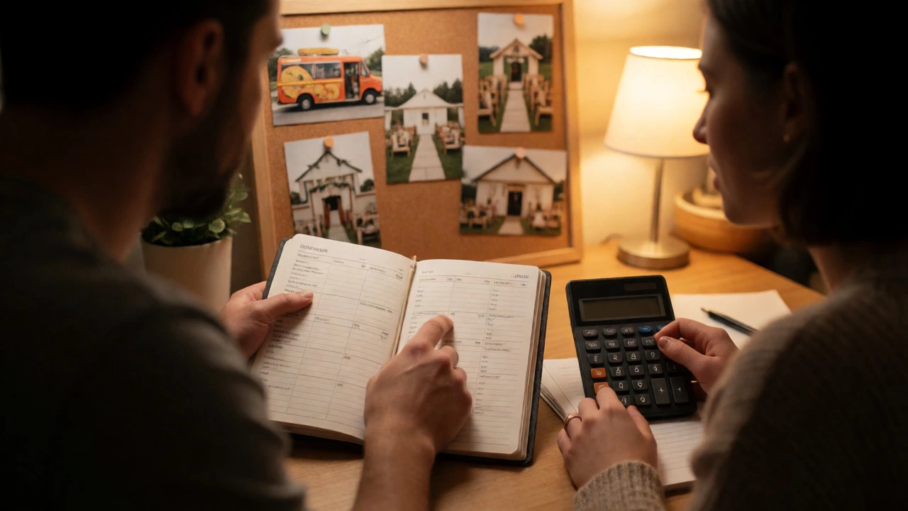 A couple reviews their wedding budget at home, surrounded by planning materials.