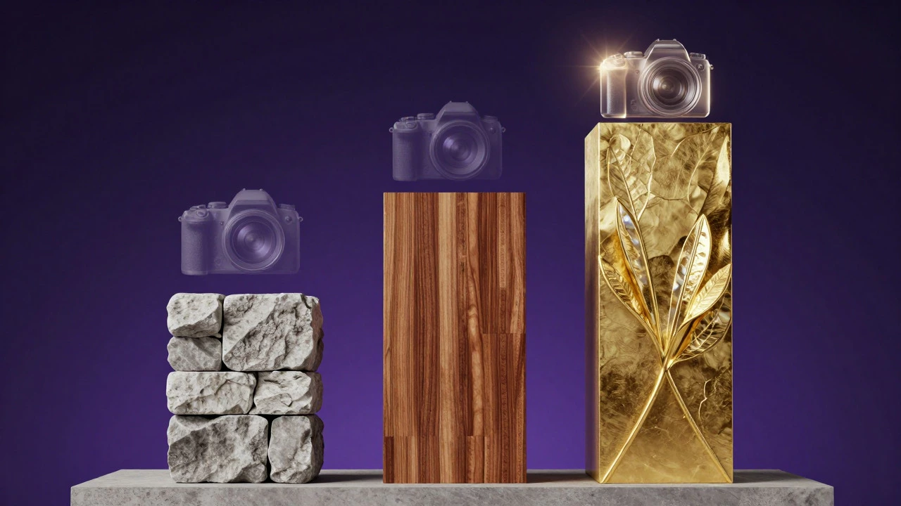 Abstract art showing three columns of stone, wood, and gold representing tiers