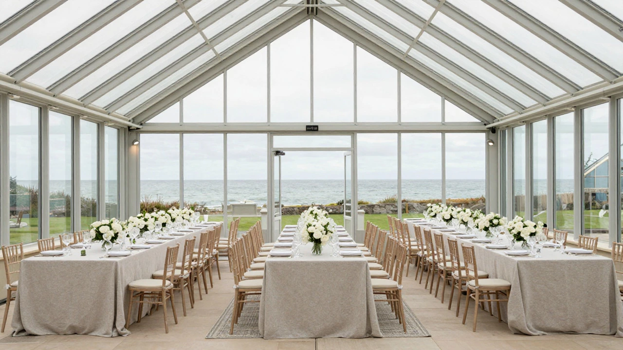 Bright, modern glasshouse wedding venue with minimal floral decor and ocean views