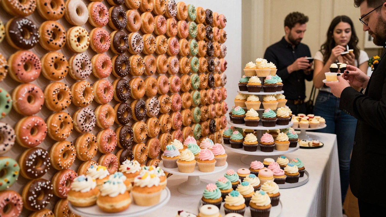 Colorful dessert bar with donut wall and cupcake tower