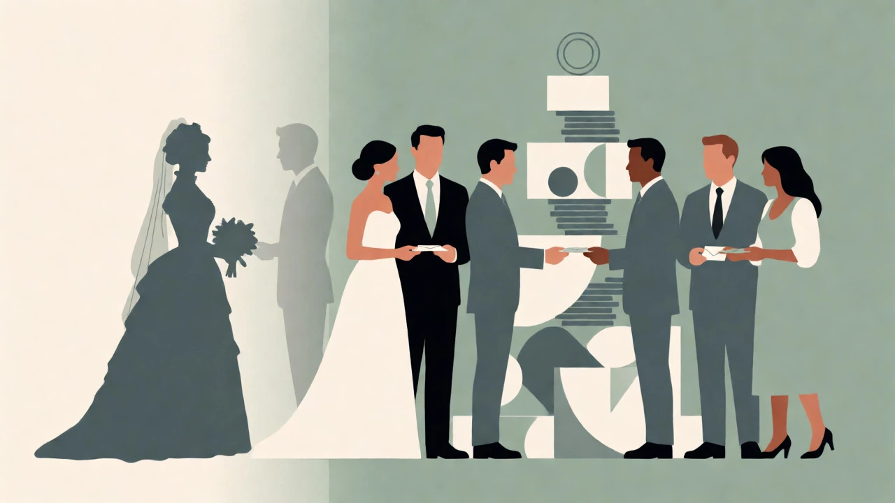 Conceptual art showing the shift from traditional to hybrid wedding funding models.