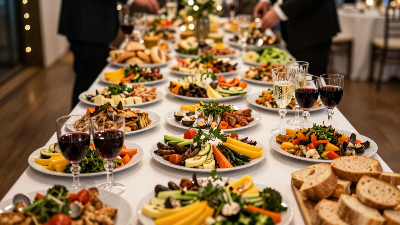 Elegant wedding buffet table with food, wine, and warm lighting at a reception