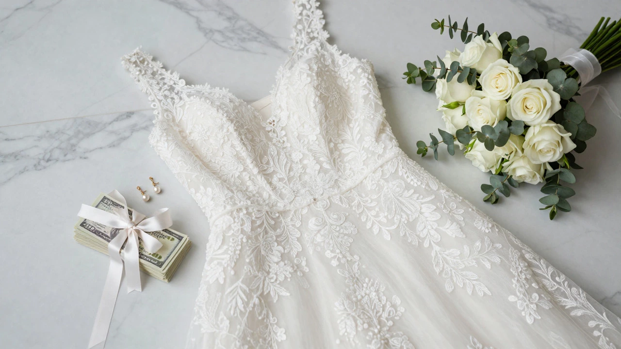 Flat lay of a bridal gown, flowers, and cash gift on a marble surface