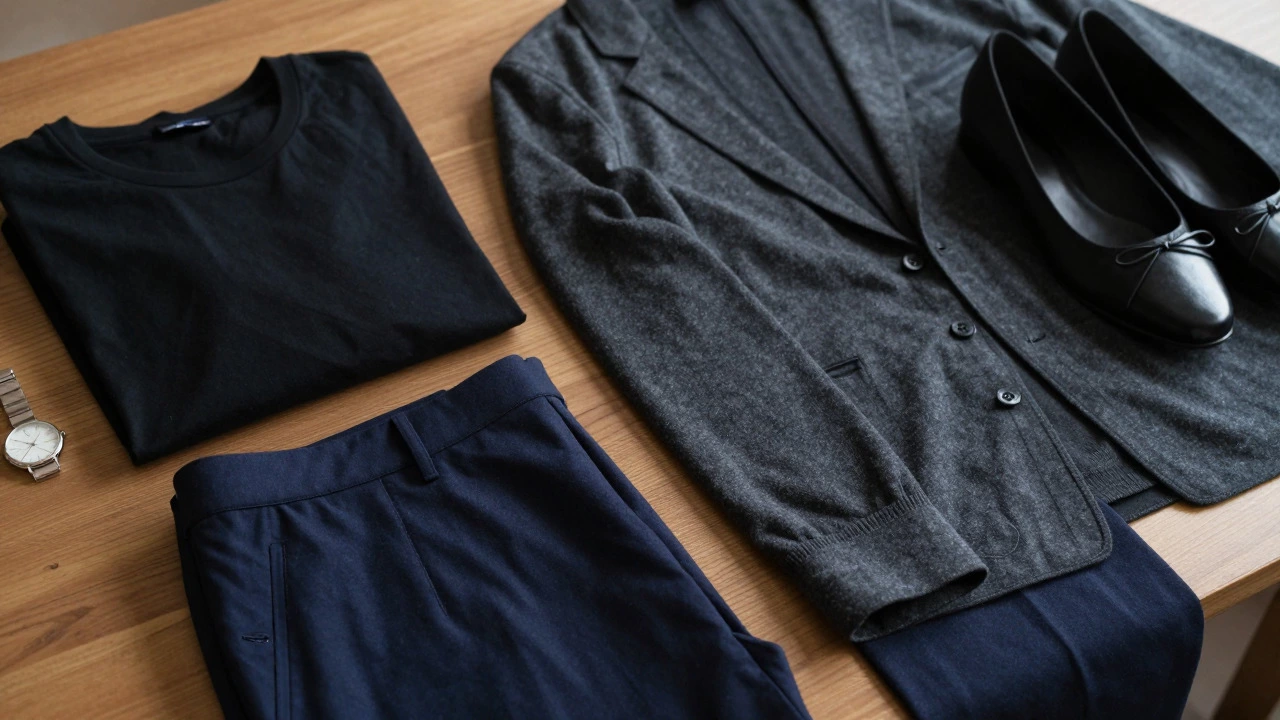 Flat lay of dark, matte-fabric wedding photography attire including black shirt, trousers, and flats