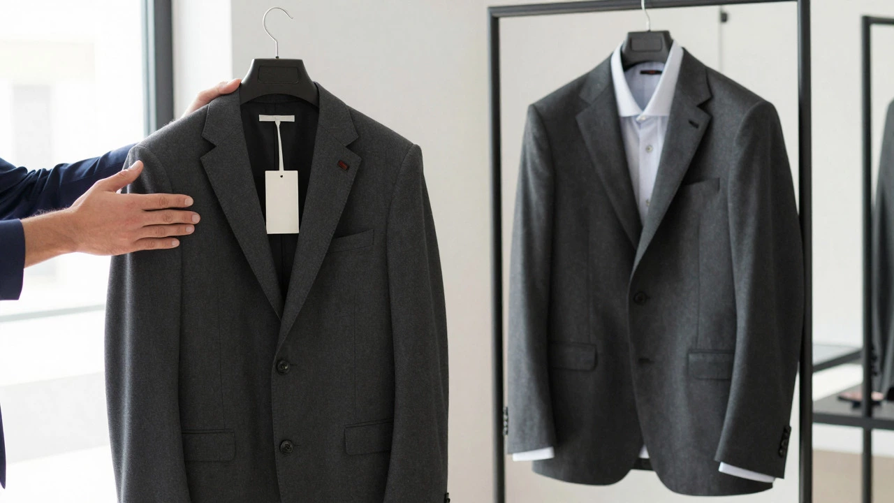 Groom choosing between renting and buying a high-quality suit in a tailor shop