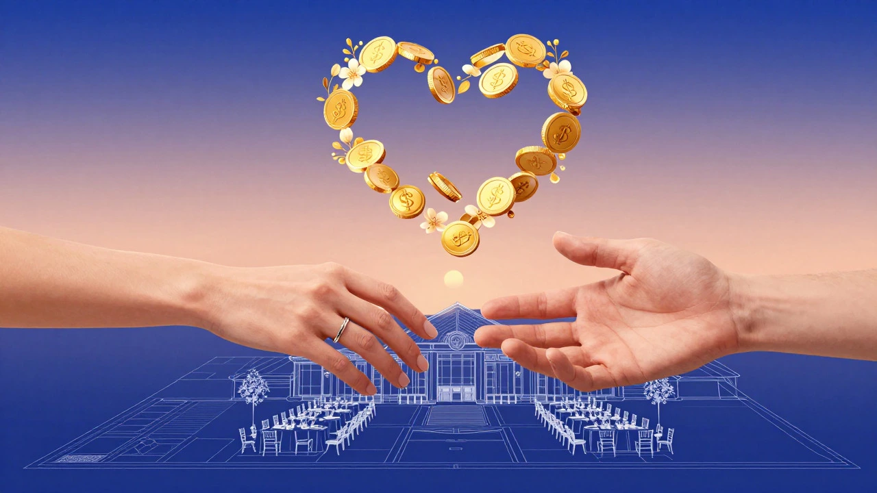 Illustration of two hands joining over a wedding venue sketch with floating coins