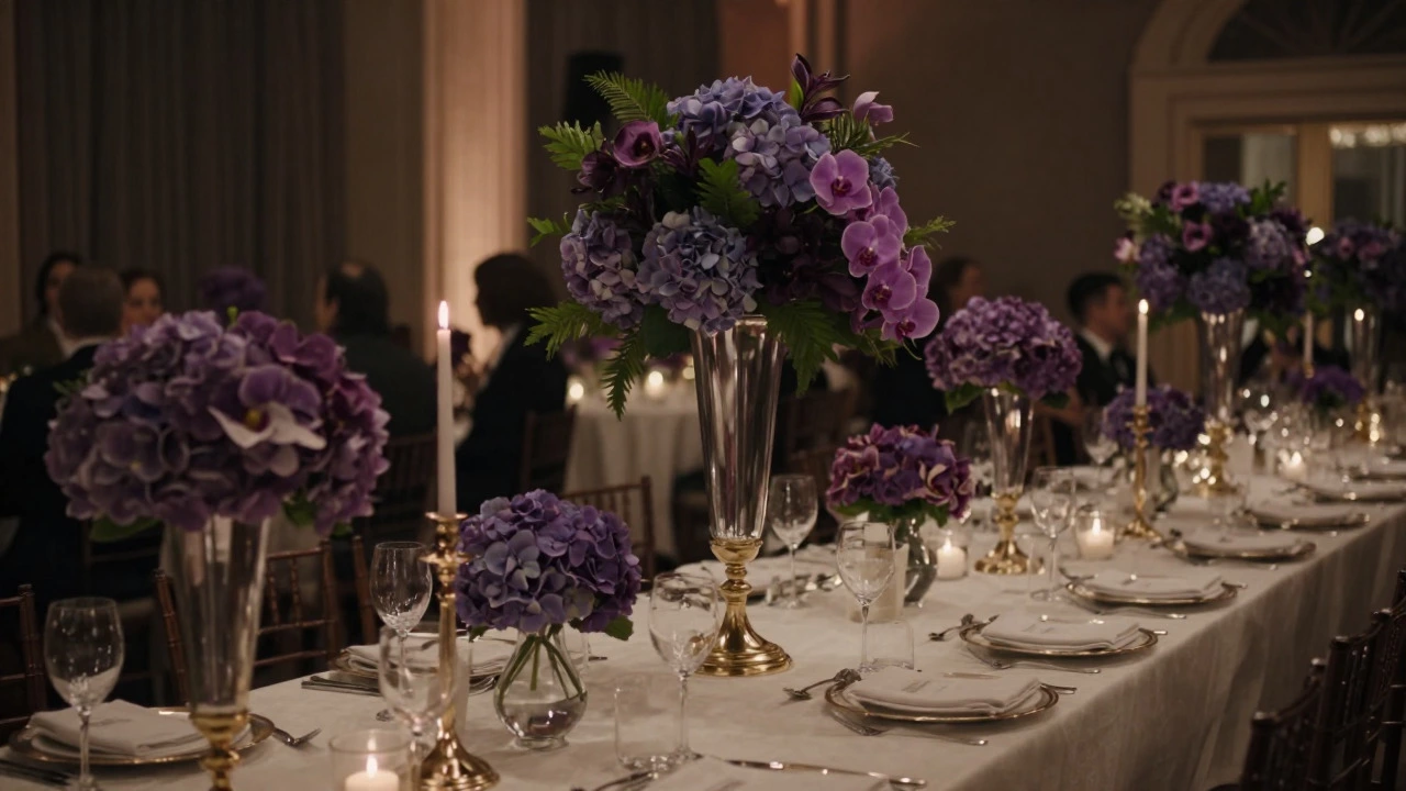 Luxurious wedding table with purple flowers and gold accents
