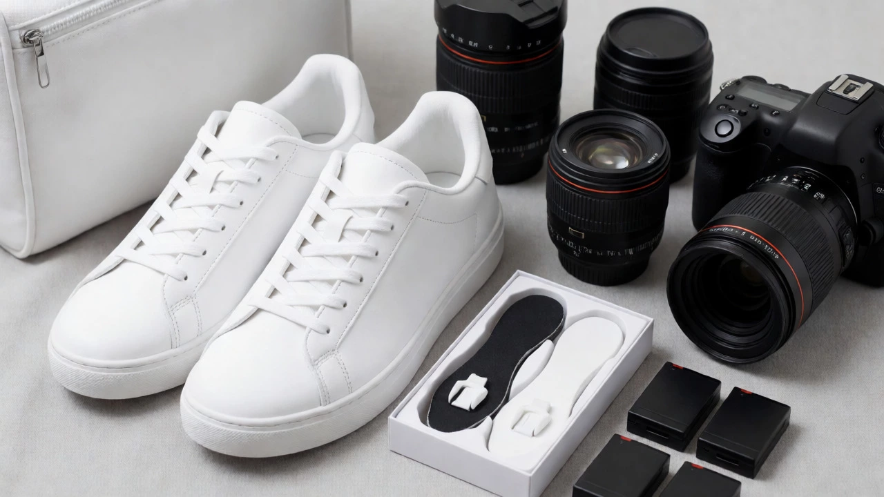 Minimalist white sneakers packed with camera gear