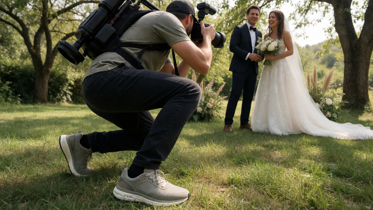 Photographer crouching in athletic shoes on grassy lawn