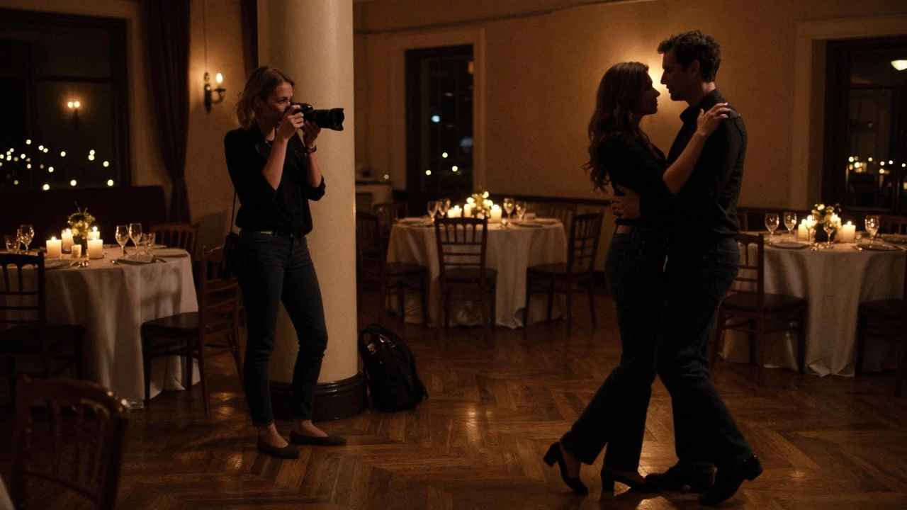 Photographer in dark outfit standing discreetly in the background of a lit ballroom reception