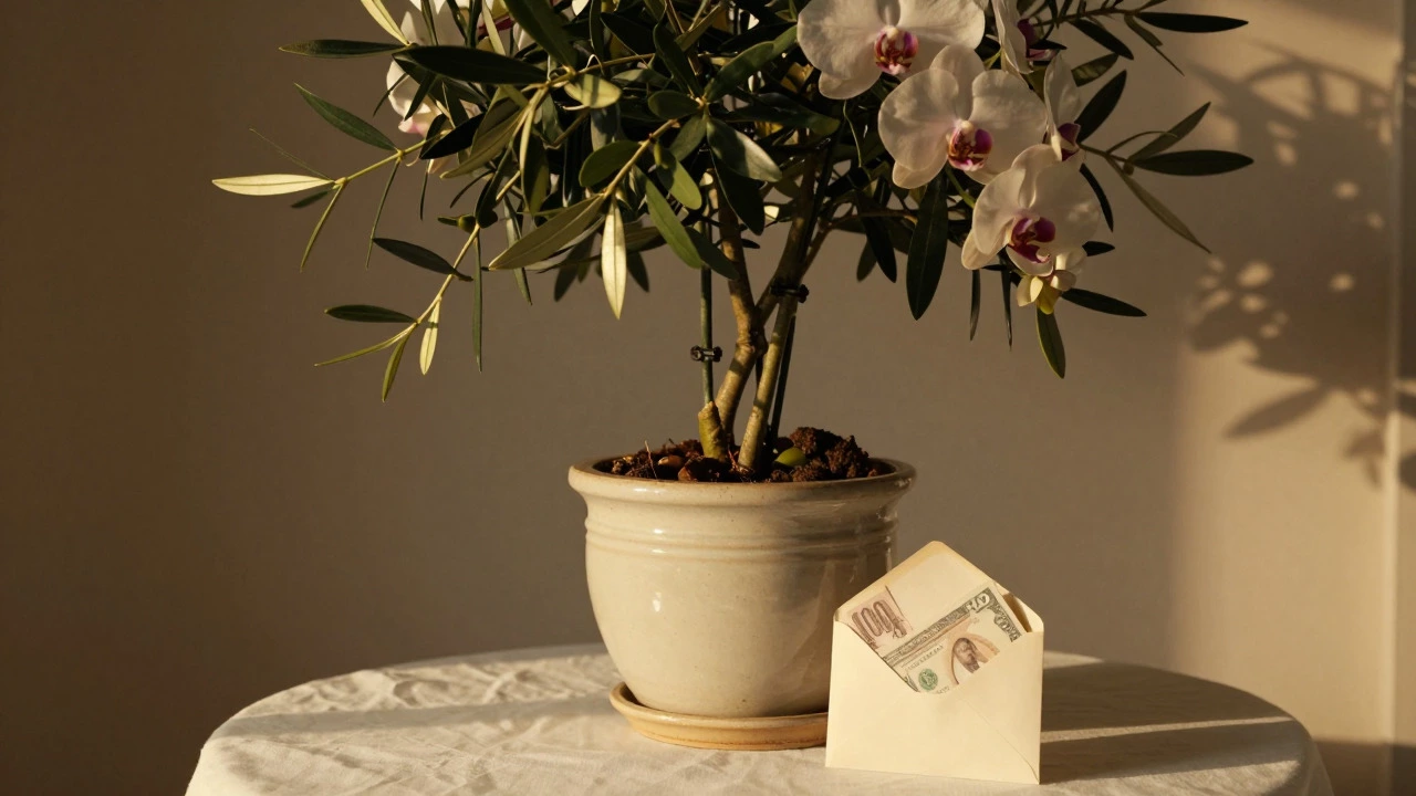 Potted olive tree and cash envelope as a wedding gift
