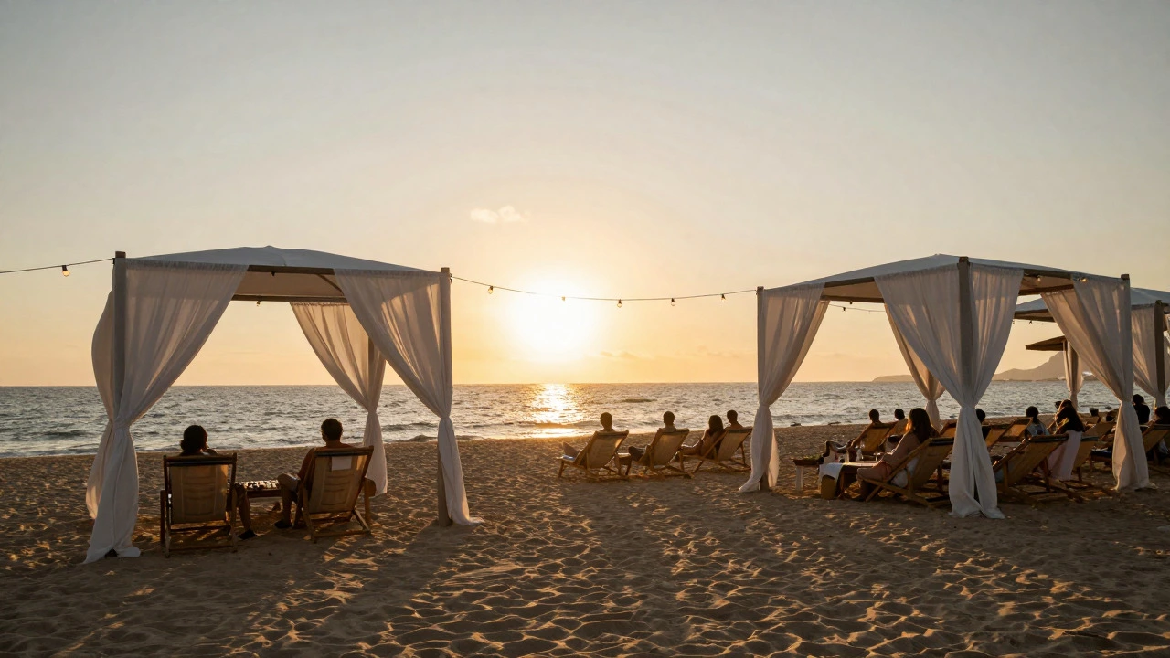 Relaxed guests at a destination wedding venue during sunset