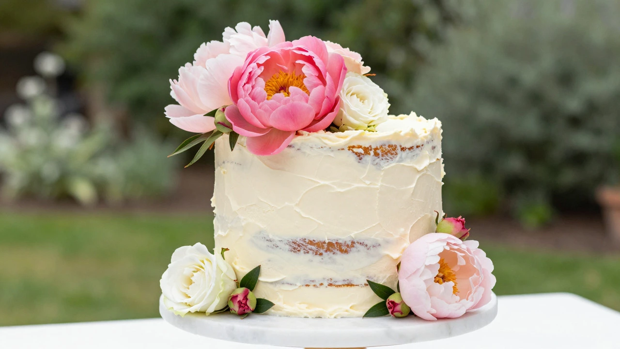 Rustic semi-naked cake decorated with fresh flowers instead of sugar art