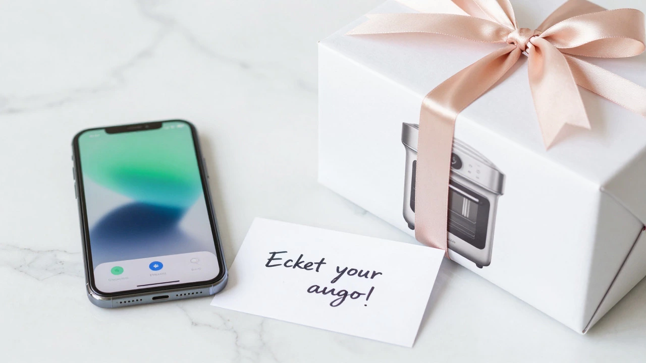 Smartphone showing digital payment next to a wrapped registry gift