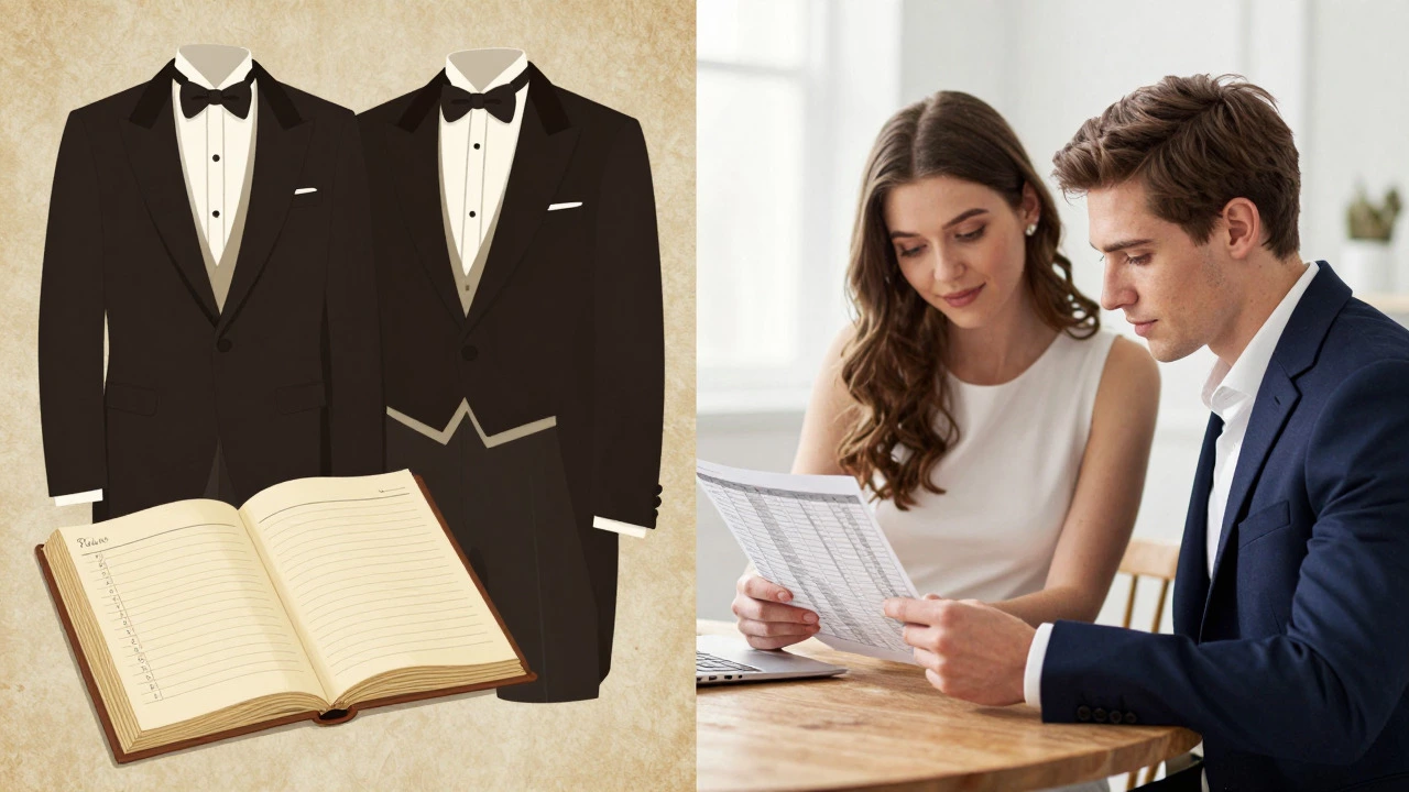 Split image showing vintage tradition vs modern couple budgeting for wedding attire