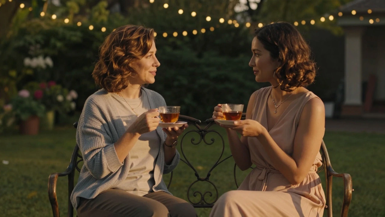 Two women chatting warmly on a bench in a garden at sunset