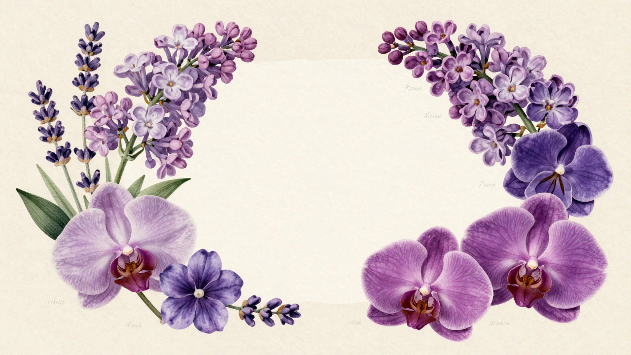 Vintage illustration of various purple flower types