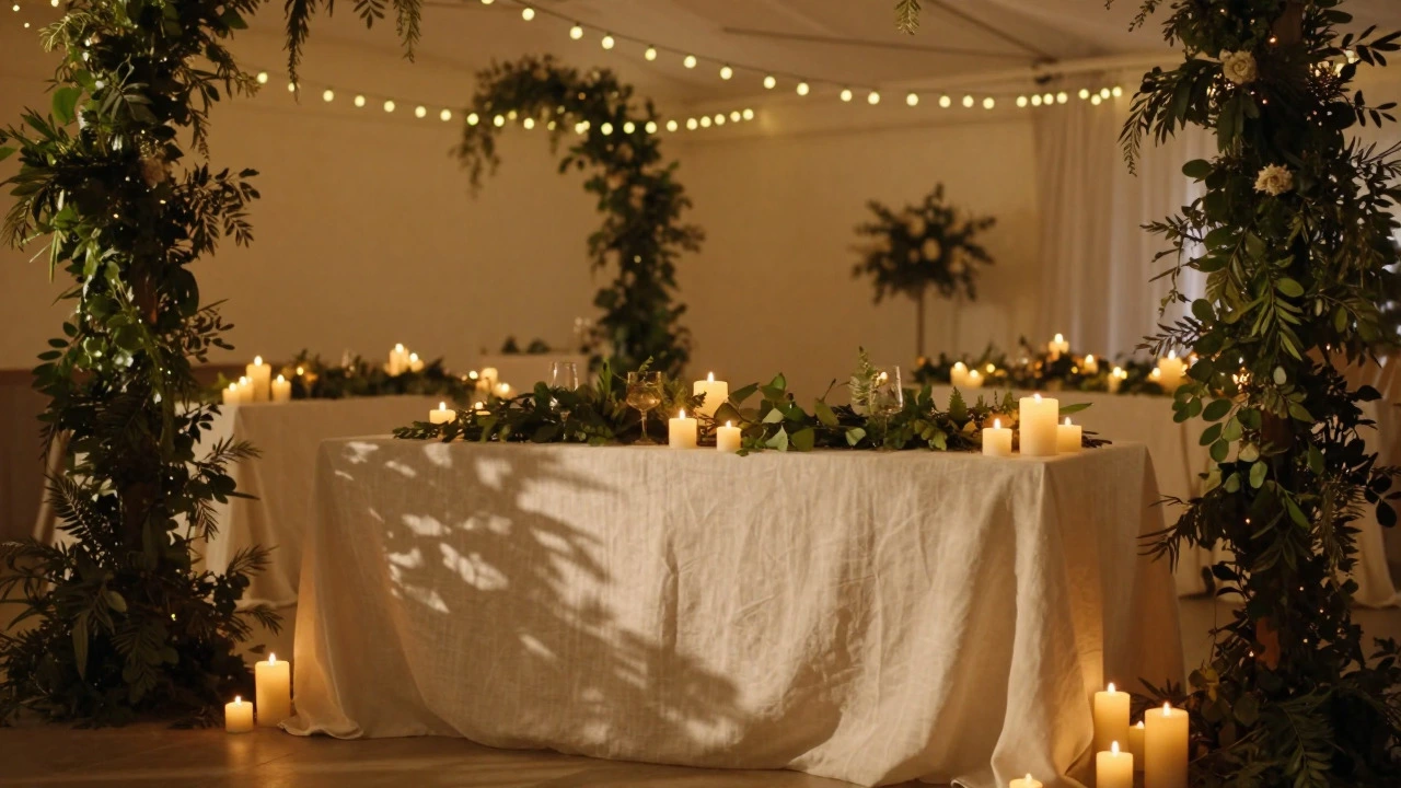 Warm candlelight illuminating a wedding table with cream linens and greenery