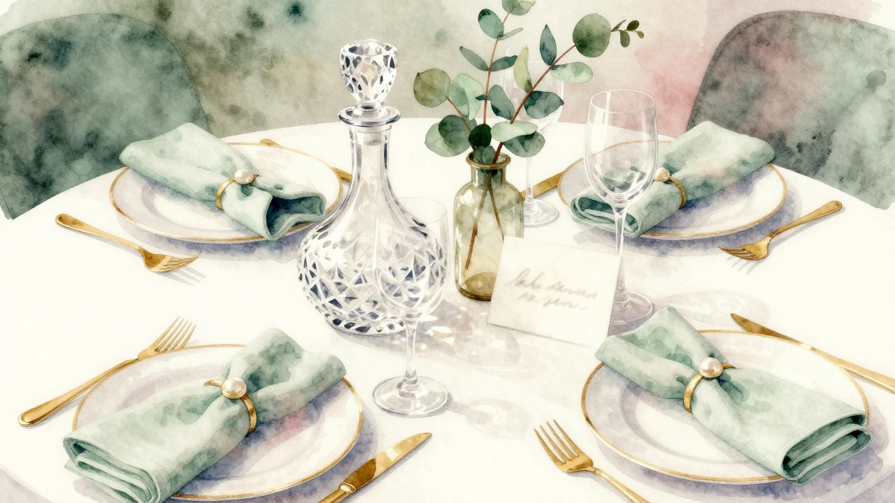 Watercolor painting of wedding gifts including crystal and linens