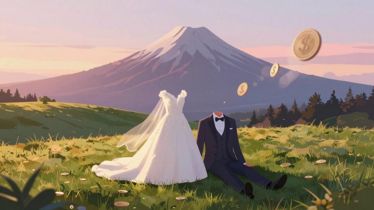Wedding attire on a grassy hill with NZ mountains and abstract currency symbols