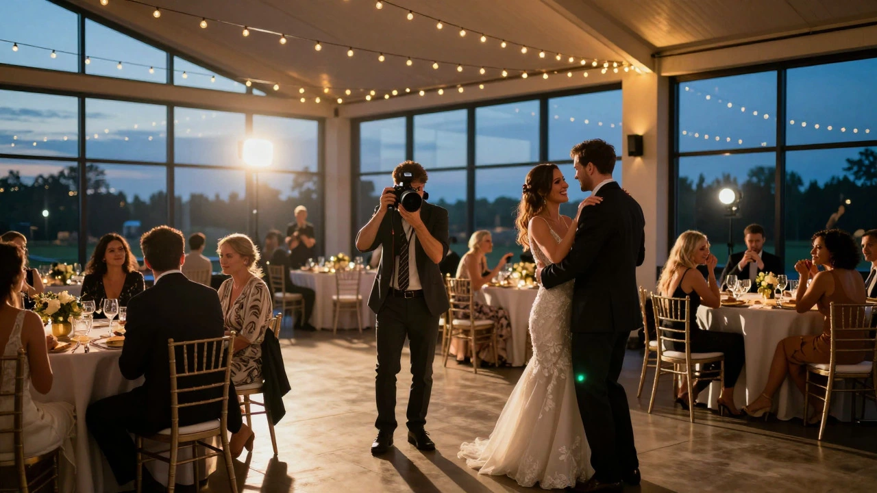 Wedding photographer capturing a dance in a warmly lit reception hall