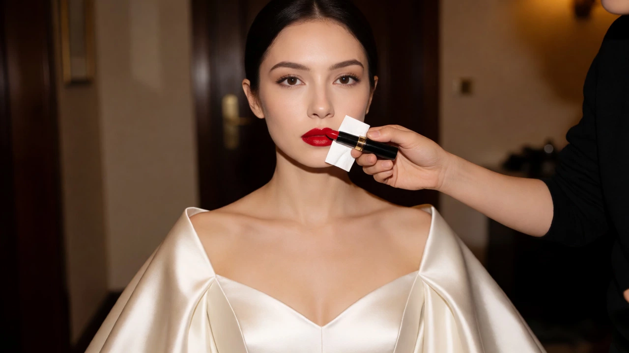 Blotting red lipstick for a long-lasting bridal finish