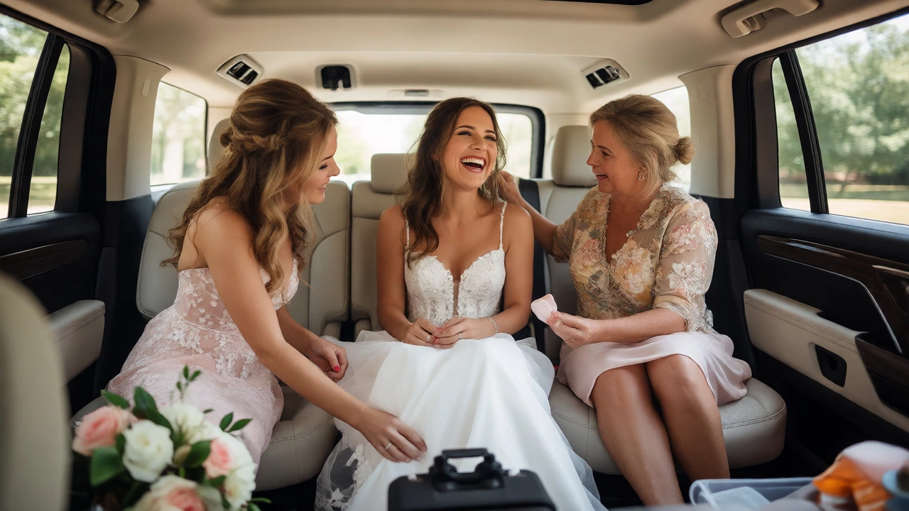 Bride laughing with maid of honor and mother in a wedding vehicle