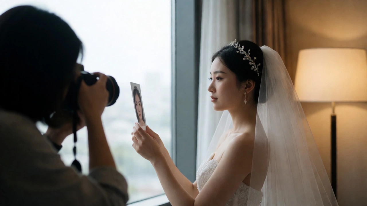 Bride reviewing makeup trial photos with photographer