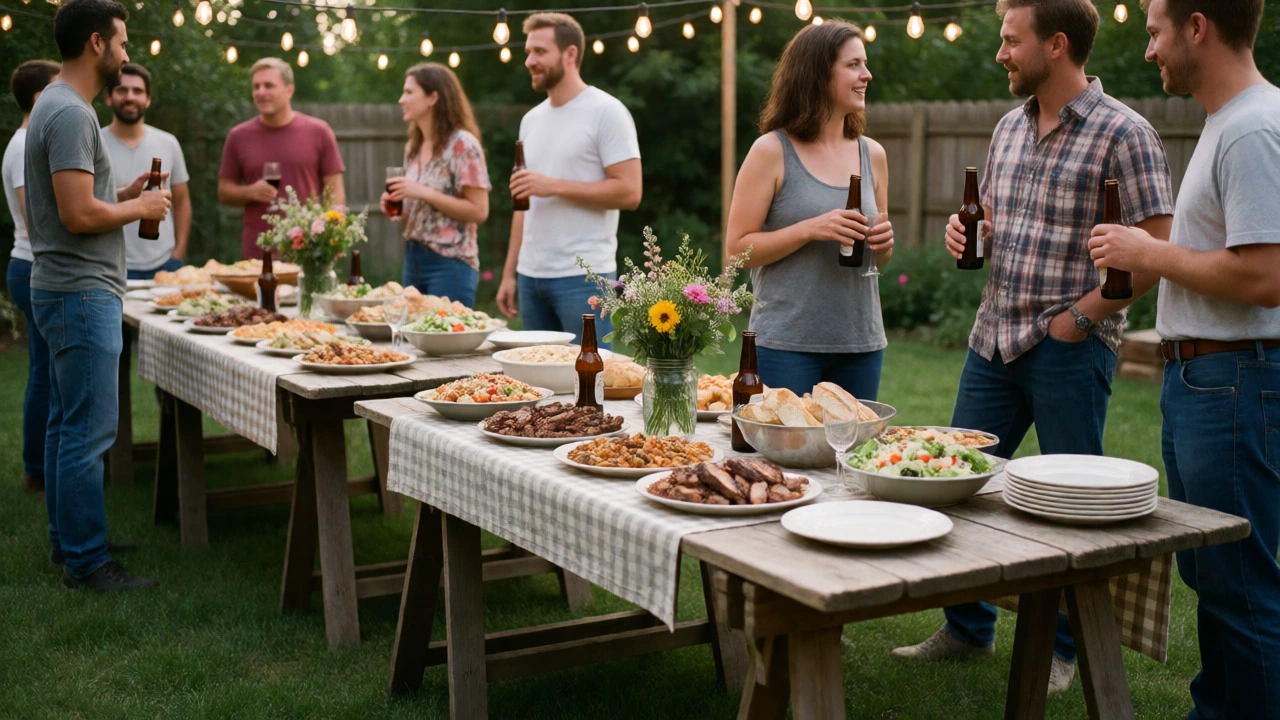 Casual backyard BBQ wedding reception with buffet food and string lights.